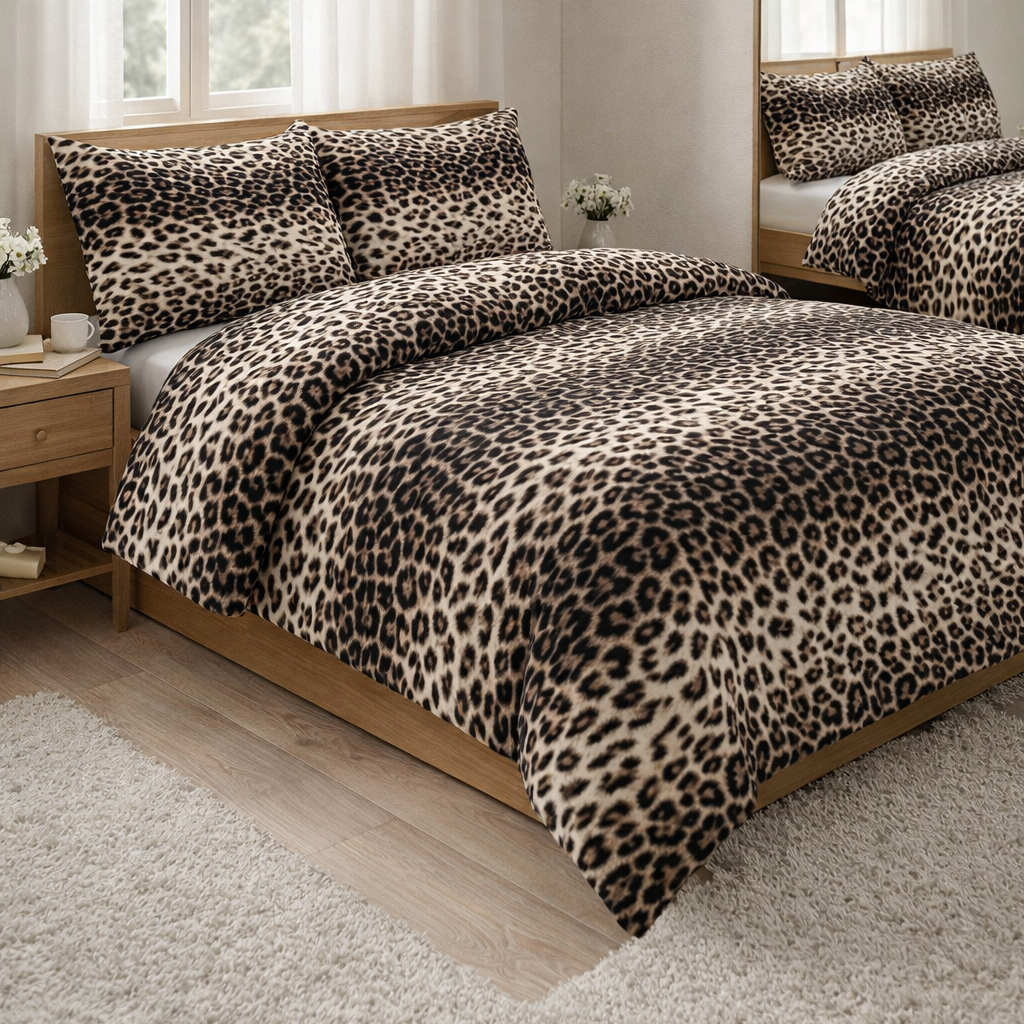 Premium Leopard Print Double Bedding Set with Fitted Sheet